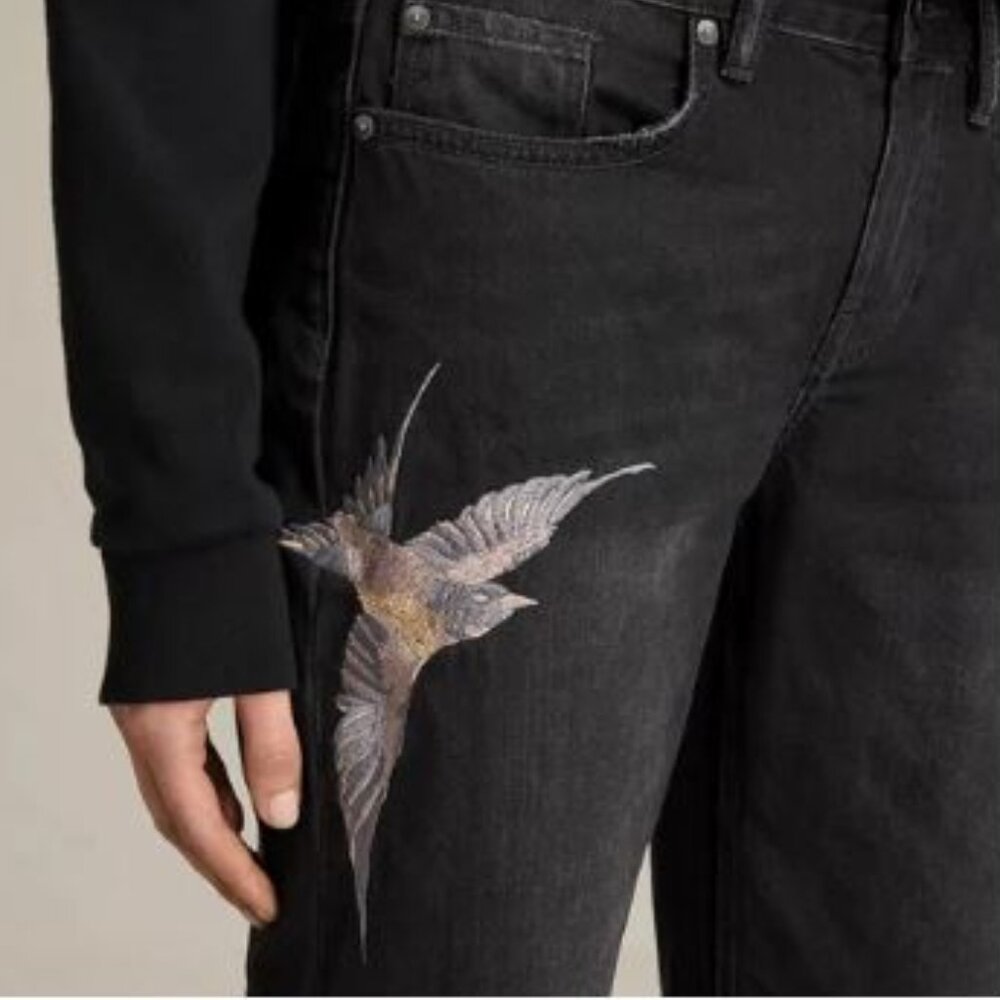 All Saints Bird Embroidered Black Cropped Jeans - Size 25 - Picture 3 of 11
